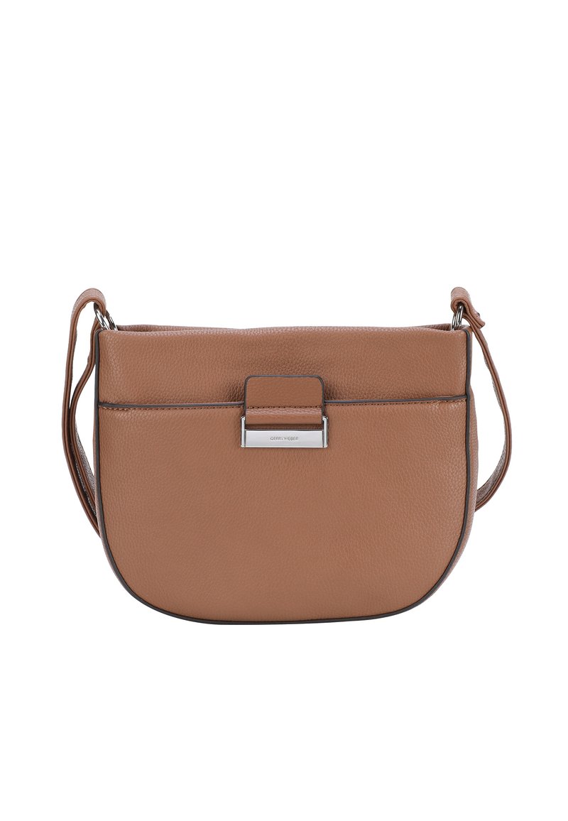 Braune Handtasche aus Leder mit runder Form, die eine glatte Textur, einen silberfarbenen Verschluss und einen einzelnen verstellbaren Schulterriemen aufweist.