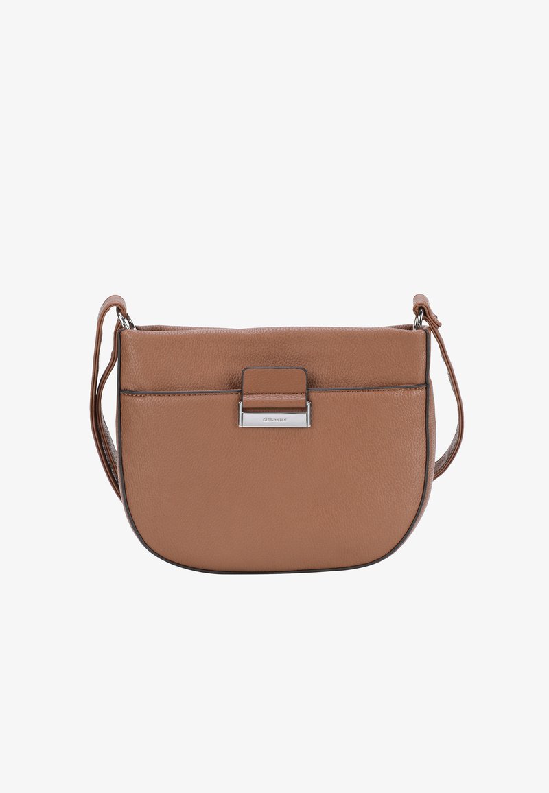 Borsa a tracolla in pelle marrone con forma arrotondata, caratterizzata da una superficie liscia, un clasp in tonalità argento e una sola tracolla regolabile.