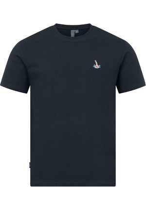 Marineblaues kurzärmeliges T-Shirt mit kleinem gesticktem Motiv einer tauchenden Hand mit Wasserspritzern auf der linken Brust.