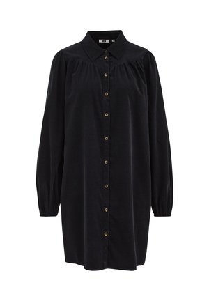 Vestido camisero negro, abotonado, con cuello, mangas farol largas y un corte ligeramente relajado. Fabricado en un tejido texturizado con botones dorados.
