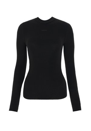 Maglietta nera a maniche lunghe realizzata in tessuto elasticizzato, con scollatura rotonda, silhouette aderente e piccolo logo frontalmente.