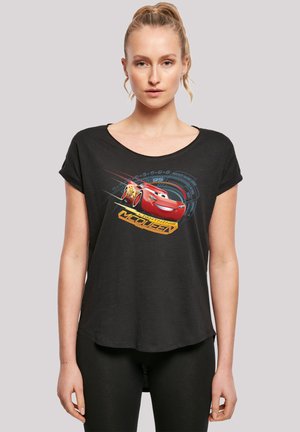 Black cotton T-shirt with short rolled sleeves featuring a printed graphic of a red car, "Lightning McQueen," and colorful speed accents.