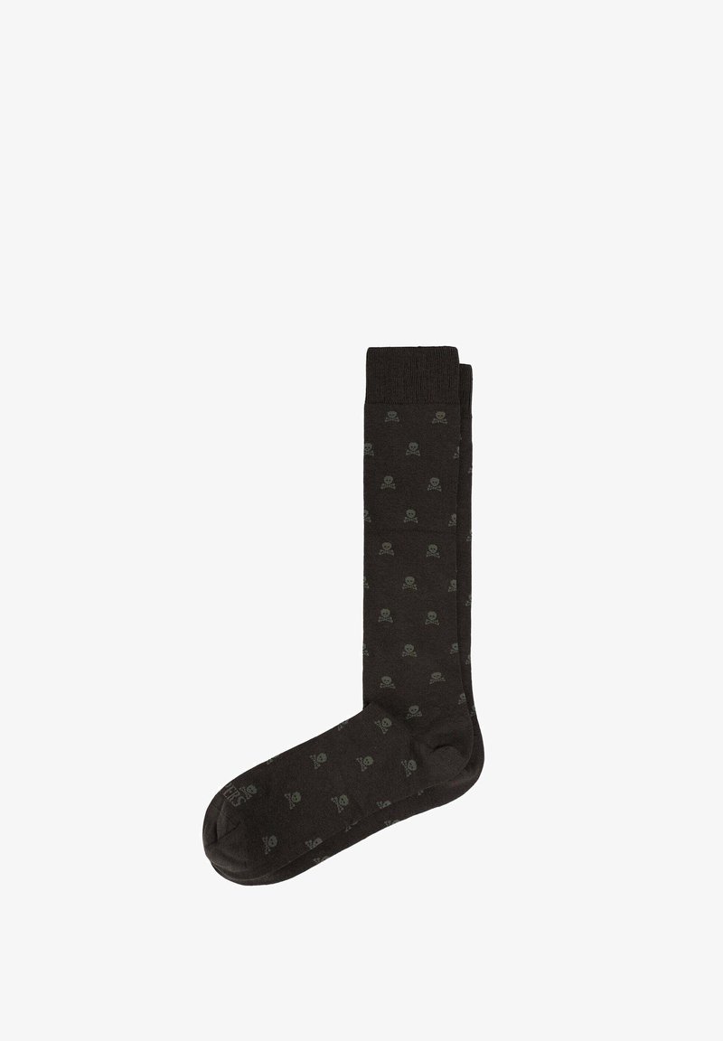 Black socks featuring a repeated skull and crossbones pattern in a subtle gray. Smooth texture with ribbed cuff at the top.
