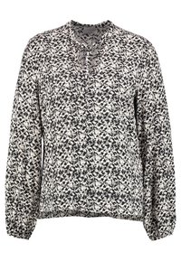 Blusa a stampa floreale bianca e nera con maniche lunghe, colletto camicia e polsini elasticizzati. Tessuto leggero con una vestibilità leggermente ampia.