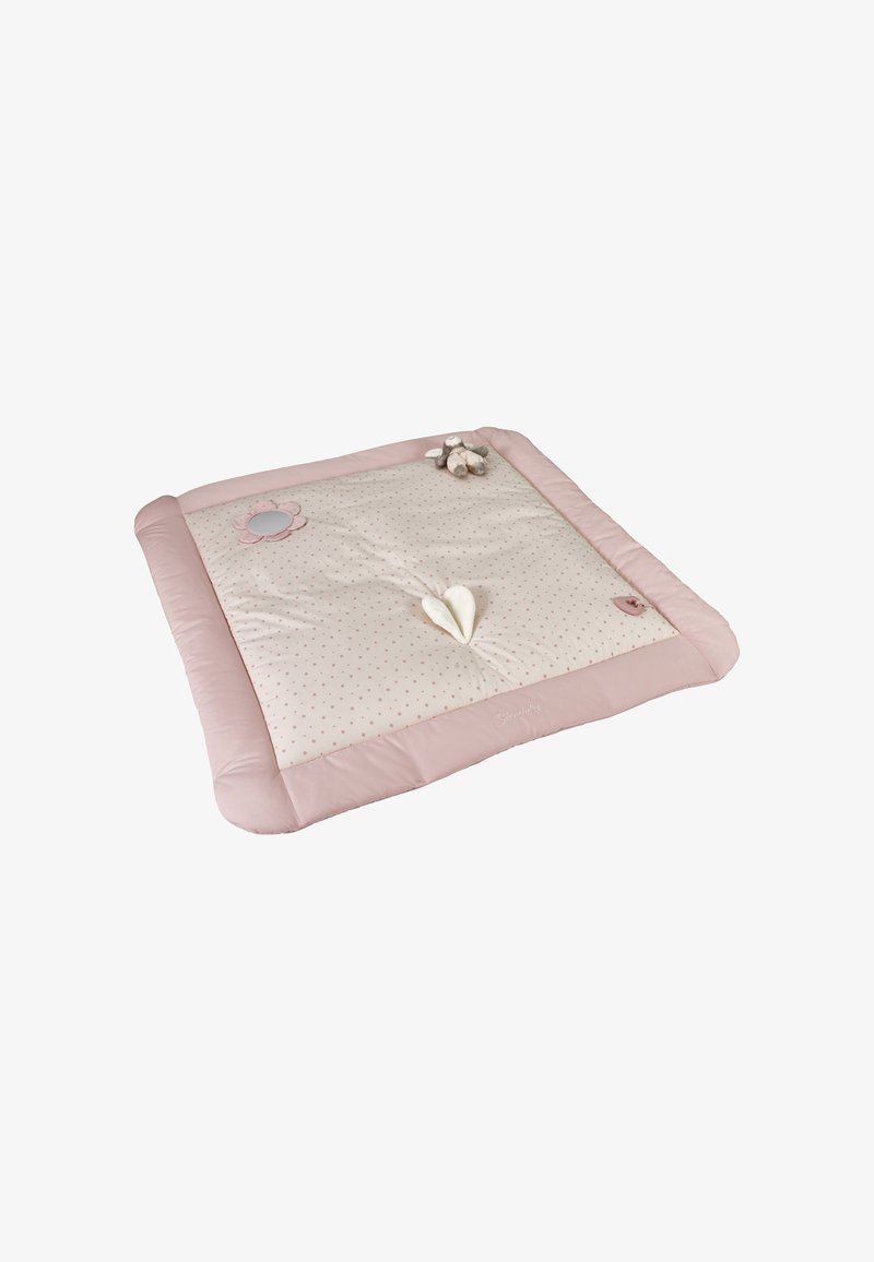 Soft pink and beige baby play mat with polka dots, plush bunny toy, flower mirror, and fabric petals.