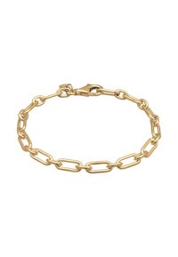 Guldarmbånd med forstørrede led med en poleret finish og en plastiklås. Kædedesignet er enkelt men moderne.