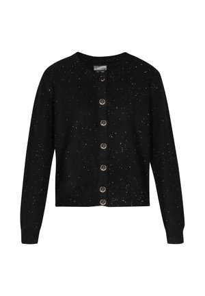 Cardigan nero con collo rotondo, chiusura frontale con bottoni e motivo screziato bianco. Polsini e orlo a coste, realizzato in morbido tessuto knit.