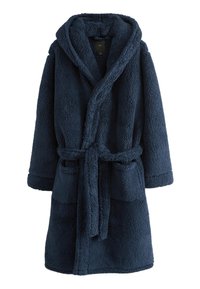 Mørkeblå, blød badekåbe lavet af blødt materiale, med hætte, bindebånd og to forlommer. Tekstureret stof med et hyggeligt udseende.