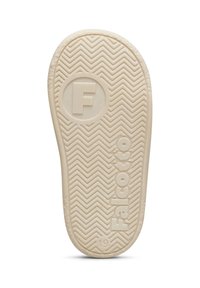 Suola di scarpa in gomma color crema con un motivo a spina di pesce, con un logo circolare con una "F" e il nome del marchio "Falcotto" impressi.