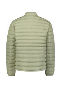 Lichtgroene gewatteerde jas, doorgestikt met horizontale strepen, geribbelde kraag en manchetten, en een gladde, glanzende textuur. Achteraanzicht weergegeven.