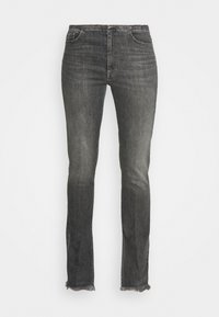 Black denim jeans with a straight leg design, faded texture, five pockets, and raw hem at the ankles.