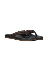 Brown flip-flops with a textured black rubber sole, featuring a synthetic leather strap and a minimalist design. Flat profile and casual aesthetic.