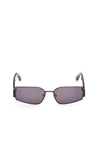 Gafas de sol rectangulares con lentes morados, armazón de metal negro y patillas elegantes con sutiles acentos dorados. Diseño moderno y minimalista.
