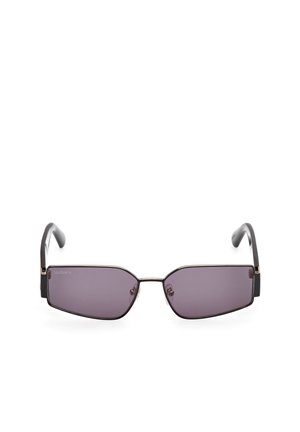 Ochelari de soare dreptunghiulari cu lentile violet, cadru metalic negru și brațe elegante cu accente subtile de aur. Design modern și minimalist.