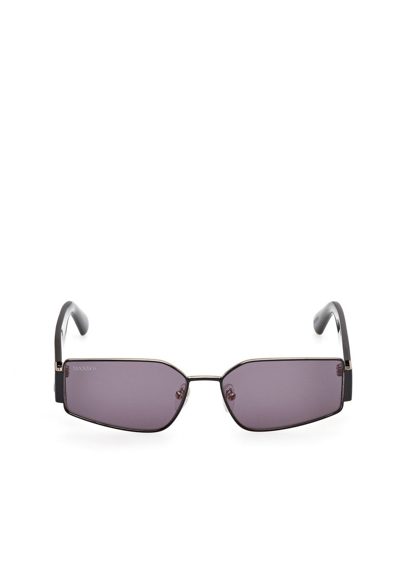 Gafas de sol rectangulares con lentes morados, armazón de metal negro y patillas elegantes con sutiles acentos dorados. Diseño moderno y minimalista.