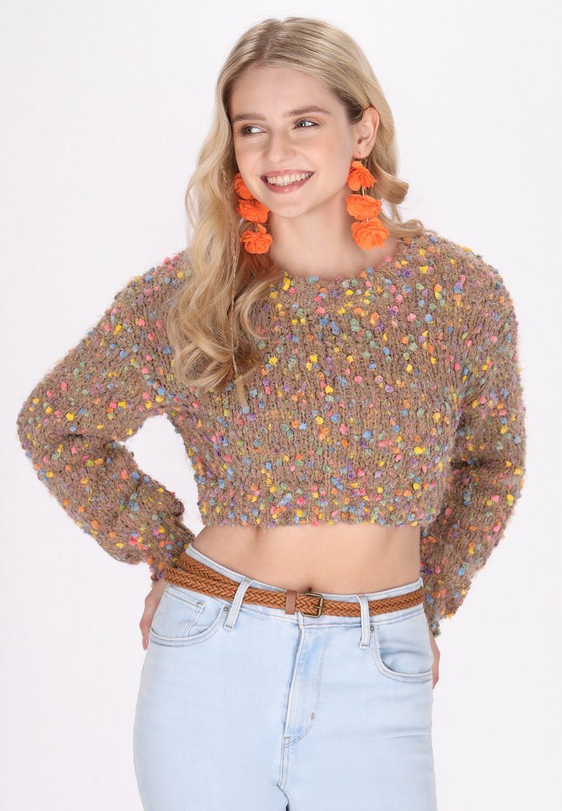Maglione marrone all'uncinetto con motivi a pompon colorati, maniche lunghe e design cropped, abbinato a jeans azzurri e una cintura intrecciata.