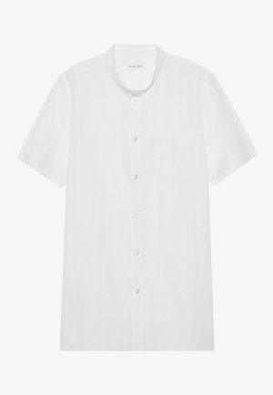 Short-sleeve white button-up shirt with a mandarin collar, chest pocket, smooth texture, and transparent buttons.