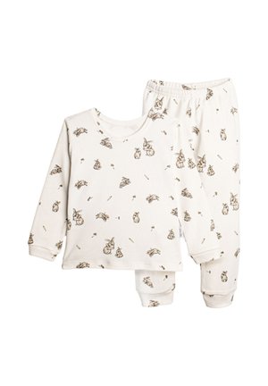 Kremowy komplet dziecięcej piżamy z długimi rękawami i spodniami, ozdobiony drobnymi brązowymi zajączkami i nadrukami marchewek.