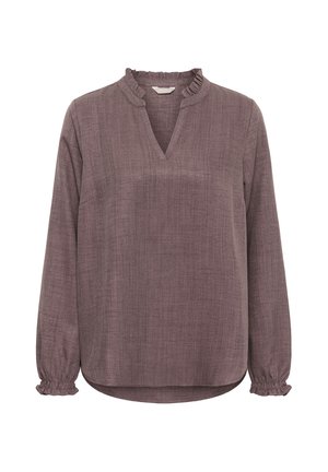 Lange mouw mauve blouse met gekruimde kraag en manchetten, gestructureerde stof en een V-hals.