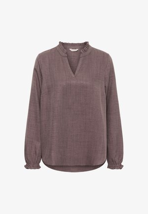 Hosszú ujjú mauve blúz fodros gallérral és mandzsettával, strukturált anyagból, V-nyakú kivágással.