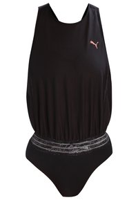 Maillot de bain de performance noir en tissu mesh, avec une taille froncée, un dos nageur et un accent gris contrastant à la taille.