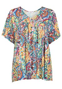 Blouse légère à motif de papillons colorés, avec un décolleté en V, des manches courtes et une coupe décontractée agrémentée de détails plissés.