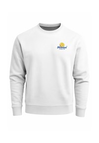 White sweatshirt with a round neck, ribbed cuffs, and hem. Features a blue logo with a yellow lemon graphic and text "Neverless la dolce vita."