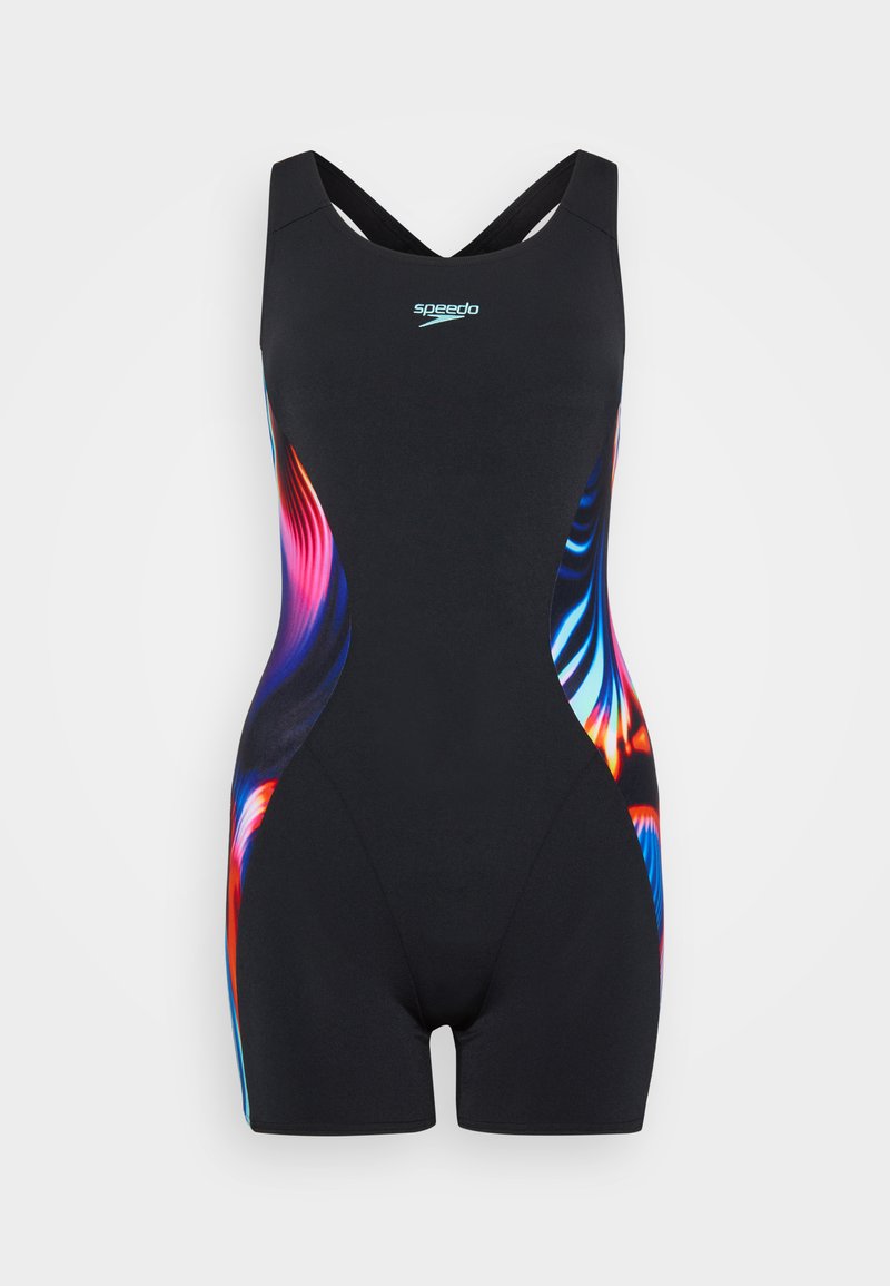 Maillot de bain noir avec des panneaux latéraux multicolores présentant des motifs tourbillonnants. Fabriqué en matériau lisse et extensible. Conception à dos fermé avec des bretelles larges.