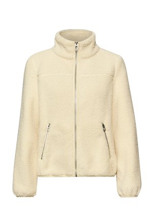 Kremowa kurtka polarowa z pełnym zamkiem błyskawicznym z przodu, wysokim kołnierzem, elastycznymi mankietami i dwoma zapinanymi na zamek bocznymi kieszeniami.