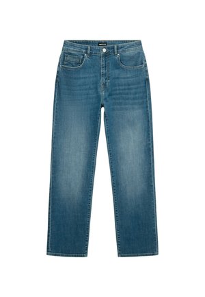 Jeans in denim blu con un design a gamba dritta, caratterizzati da una disposizione a cinque tasche, chiusura frontale con bottone e una leggera scoloritura sul tessuto.