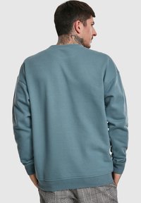 Felpa leggera di colore azzurro, realizzata in materiale morbido. Presenta un colletto rotondo, maniche lunghe e polsini a costine. La vista posteriore mostra una texture liscia.