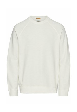 Weißes Sweatshirt aus weichem Stoff, mit Raglanärmeln, gerippten Bündchen und Saum sowie einem runden Ausschnitt. Minimalistisches Design ohne Muster.