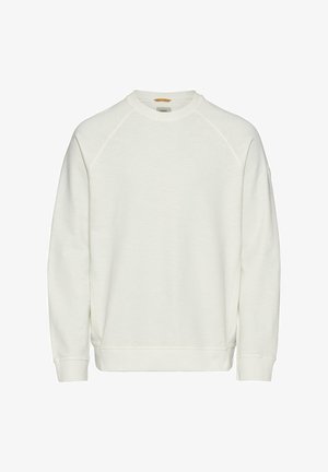 Weißes Sweatshirt aus weichem Stoff, mit Raglanärmeln, gerippten Bündchen und Saum sowie einem runden Ausschnitt. Minimalistisches Design ohne Muster.