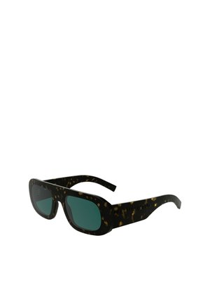 Tortoiseshell sunglasses with dark green lenses, wide rectangular frames, and curved temples, featuring a smooth plastic finish.