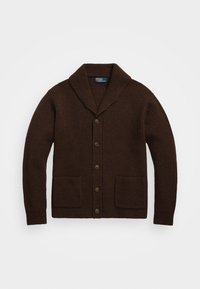 Brun ribbad kavaj med sjalkrage, femknappsstängning och två framfickor. Texturerat stickat tyg och träknappar.