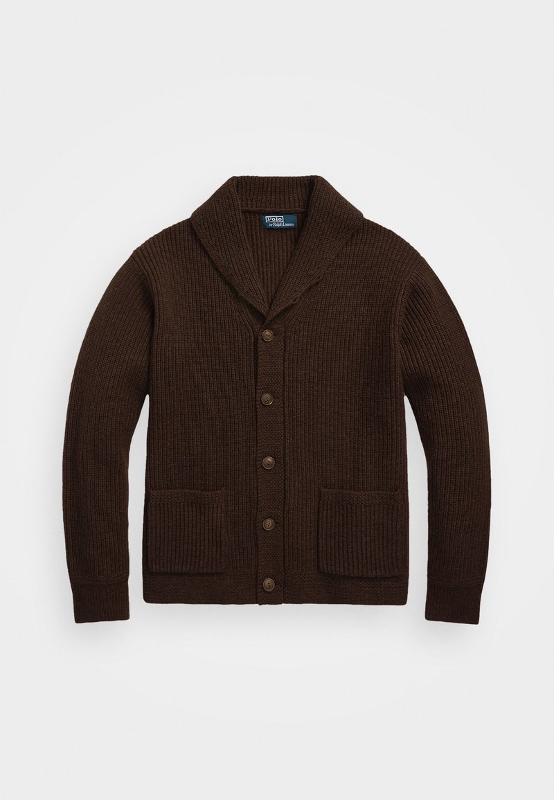 Brun ribbad kavaj med sjalkrage, femknappsstängning och två framfickor. Texturerat stickat tyg och träknappar.