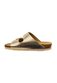 Gold leather slide sandal with a cork footbed. Features a rounded toe and an open design with a cutout accent and textured outsole.