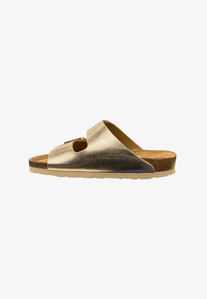 Gold leather slide sandal with a cork footbed. Features a rounded toe and an open design with a cutout accent and textured outsole.