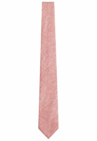 Cravate tissée rose de forme slim, avec une surface texturée et une pointe. Tissu léger avec un motif subtil.