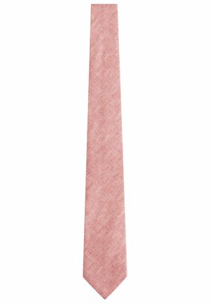 Cravate tissée rose de forme slim, avec une surface texturée et une pointe. Tissu léger avec un motif subtil.