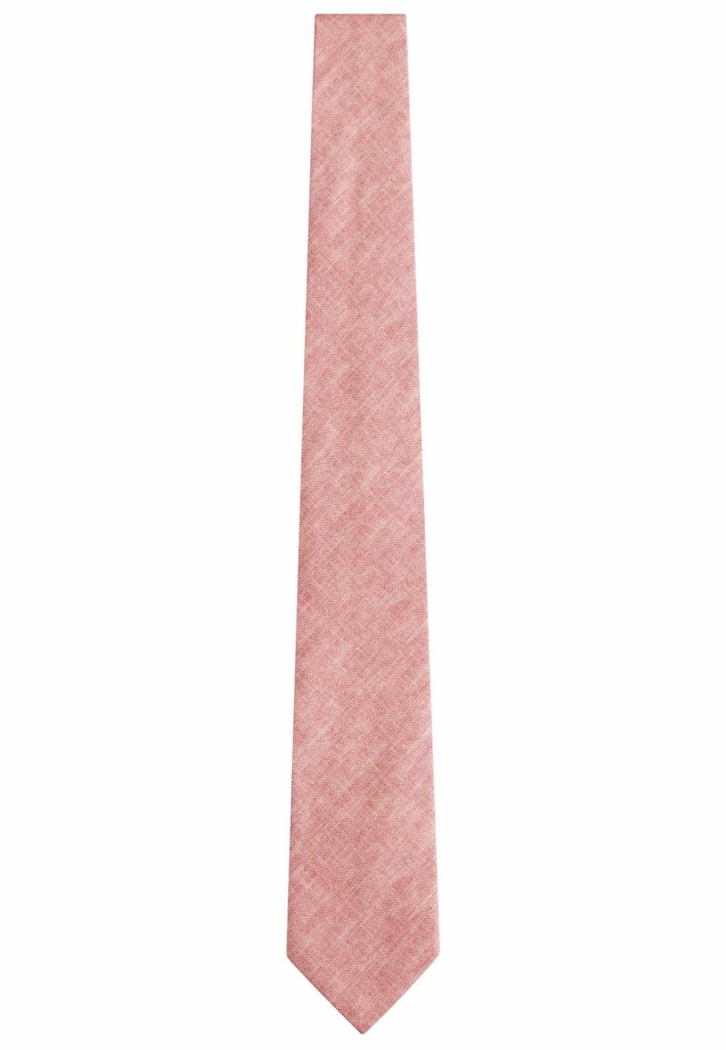 Cravate tissée rose de forme slim, avec une surface texturée et une pointe. Tissu léger avec un motif subtil.