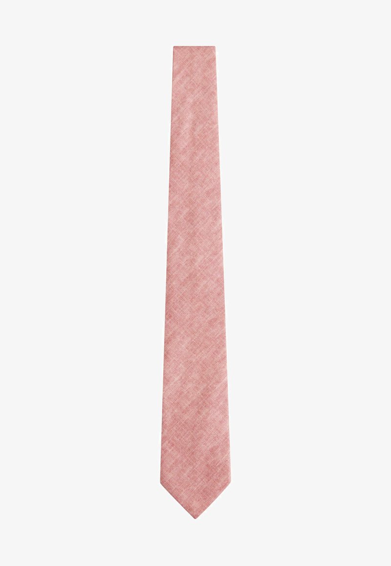 Cravate tissée rose de forme slim, avec une surface texturée et une pointe. Tissu léger avec un motif subtil.