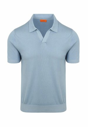 Light blue short-sleeve polo shirt with a soft collar and V-neck opening, featuring a ribbed hem and sleeve cuffs.