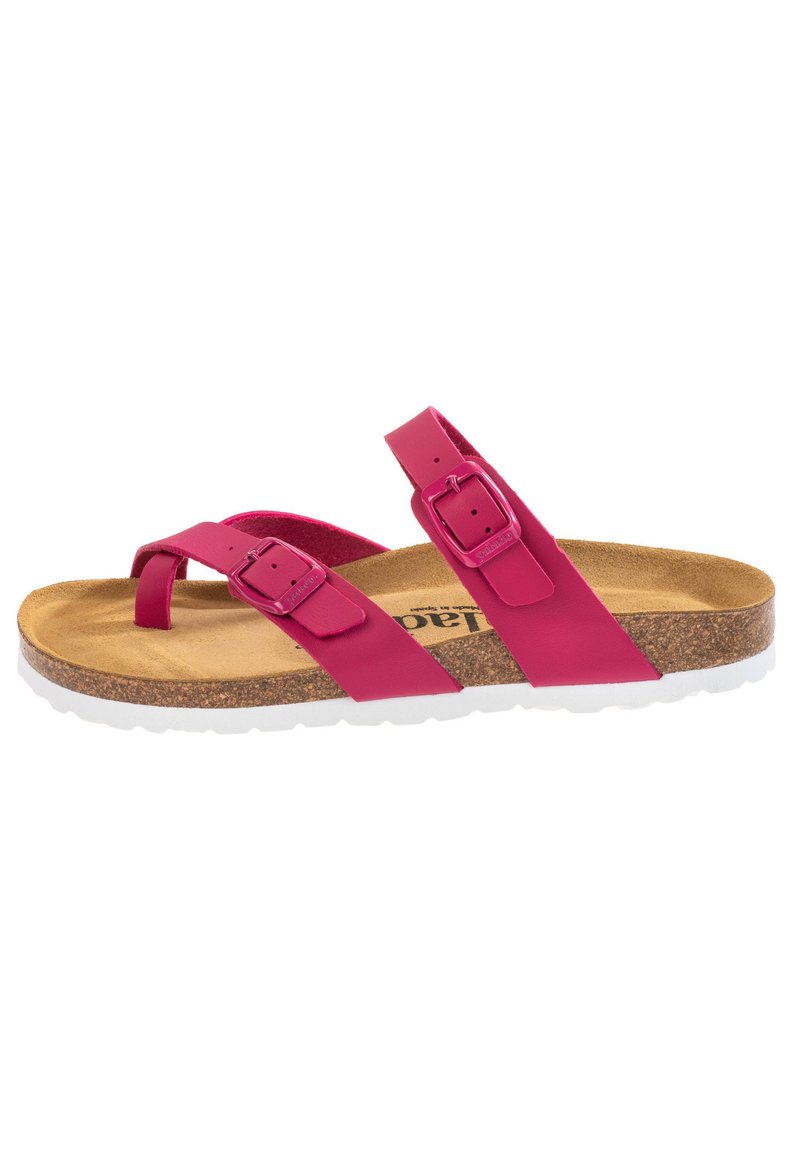 Pink slide sandal featuring two adjustable buckles, a cork footbed, and a white rubber outsole. Straps are smooth with a slight sheen.