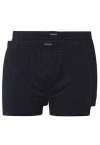 Donkerblauwe katoenen boxershorts met een zachte elastische tailleband, knoopgulp en een eenvoudig ontwerp, verkocht in een verpakking van twee.