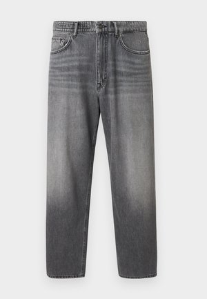 Grå jeans i denim med rett ben, falmet vask, fem-lommers design, knappelukking og metalliske detaljer.
