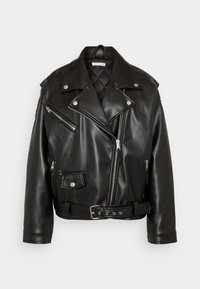 Black leather motorcycle jacket featuring a broad collar, multiple zippers, side pockets, and a belted waist. Quilted inner lining visible.