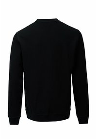 Sudadera negra con cuello redondo, mangas largas y puños y dobladillo acanalados. Tejido texturizado de un color sólido, sin logotipos ni patrones visibles.