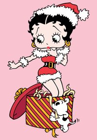 Betty Boop v červeném vánočním oblečku s bílým kožíškem a odpovídající čepicí, stojící v pruhované dárkové krabici, vedle ní hravé štěně.