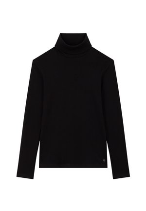 Pull à col roulé noir à manches longues avec un design ajusté, un tissu lisse et un col rabattable. Présente un petit logo près de l'ourlet.